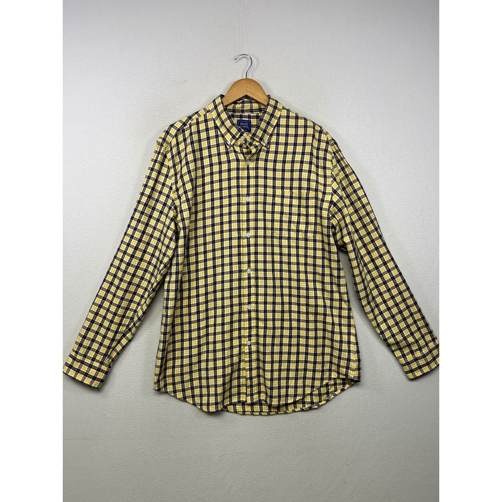 Preppy Le Tigre Mens Large Yellow Navy Blue Plaid Button Down Shirt